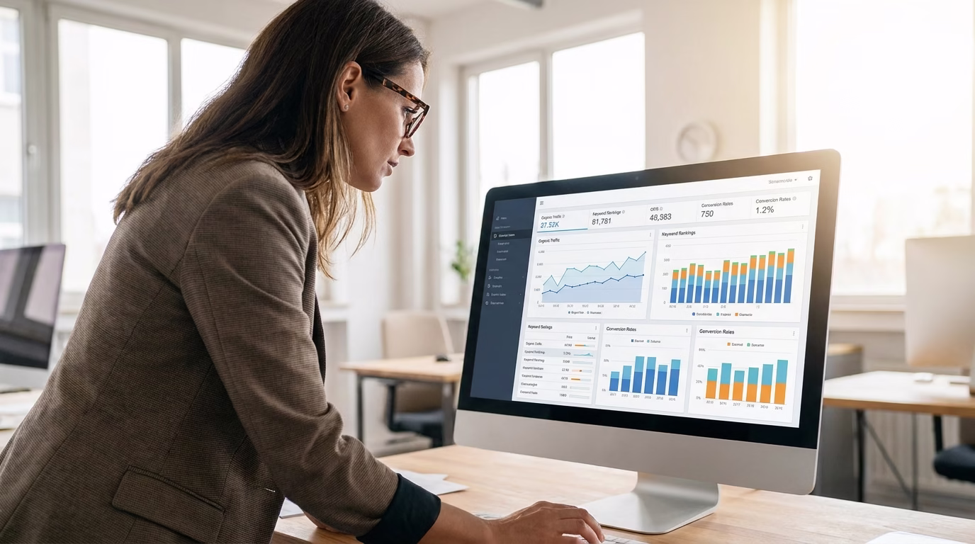 seo agency near me 2 Professional reviewing detailed SEO analytics dashboard with graphs and metrics