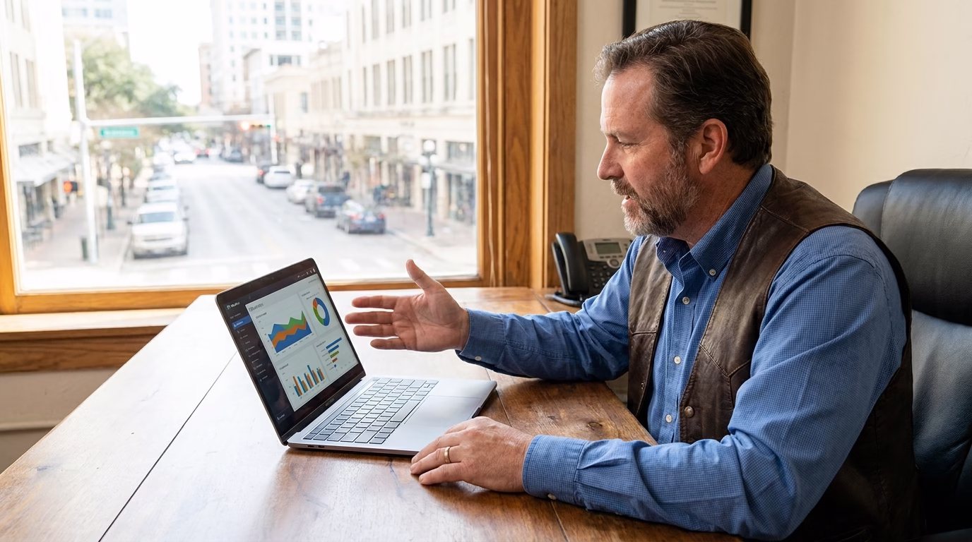 seo agency texas 1 Texas business owner reviewing SEO analytics dashboard on laptop