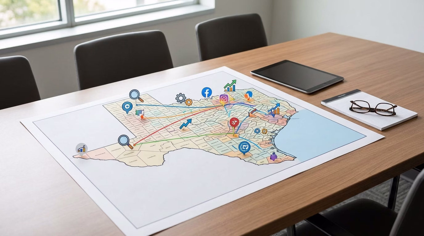 seo agency texas 1 Texas map with digital marketing icons showing regional SEO strategy differences