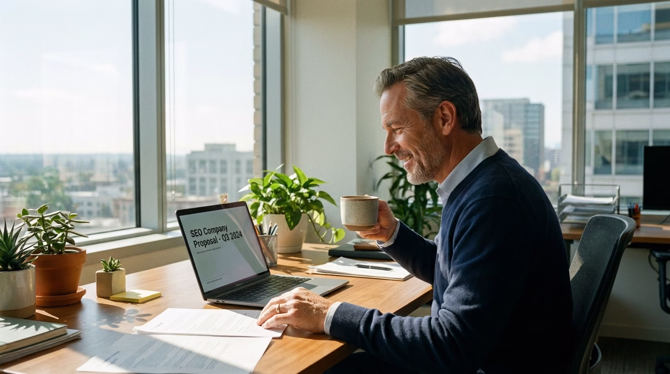 seo companies near me 1 Business owner reviewing SEO company proposals on laptop with coffee