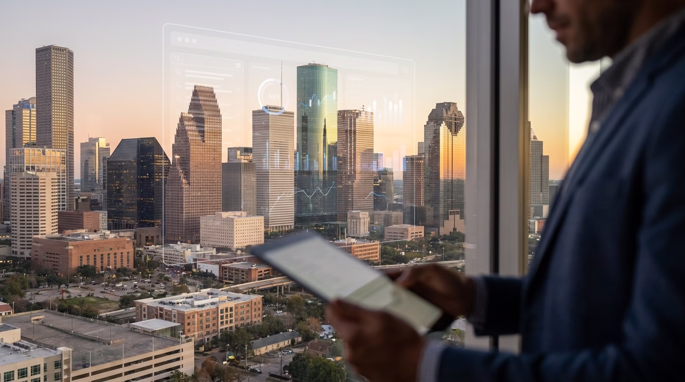 seo company houston tx 1 Houston skyline with digital marketing overlay showing search results
