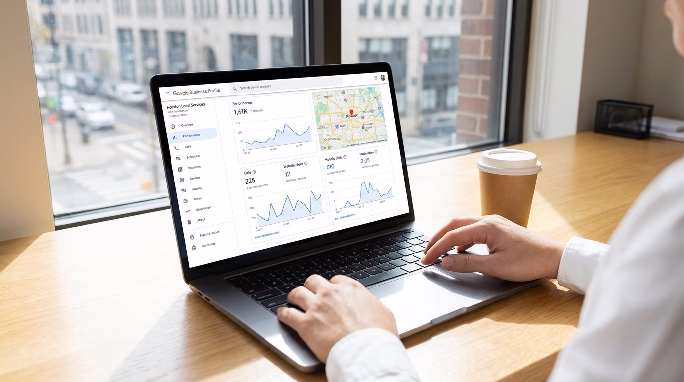 seo company houston tx 2 Google Business Profile dashboard showing local SEO metrics for Houston business