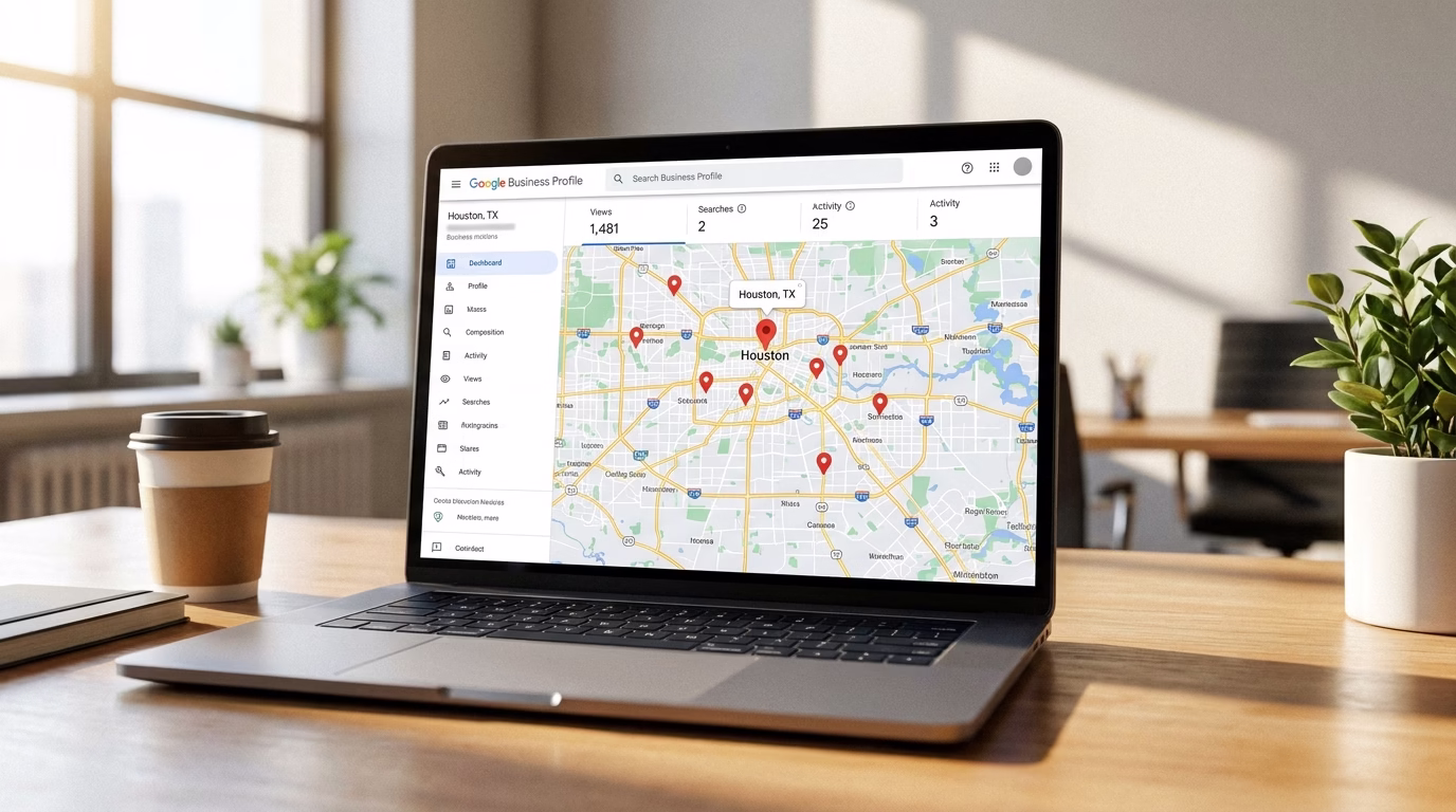 seo company houston tx 2 Google Business Profile dashboard showing Houston location pins