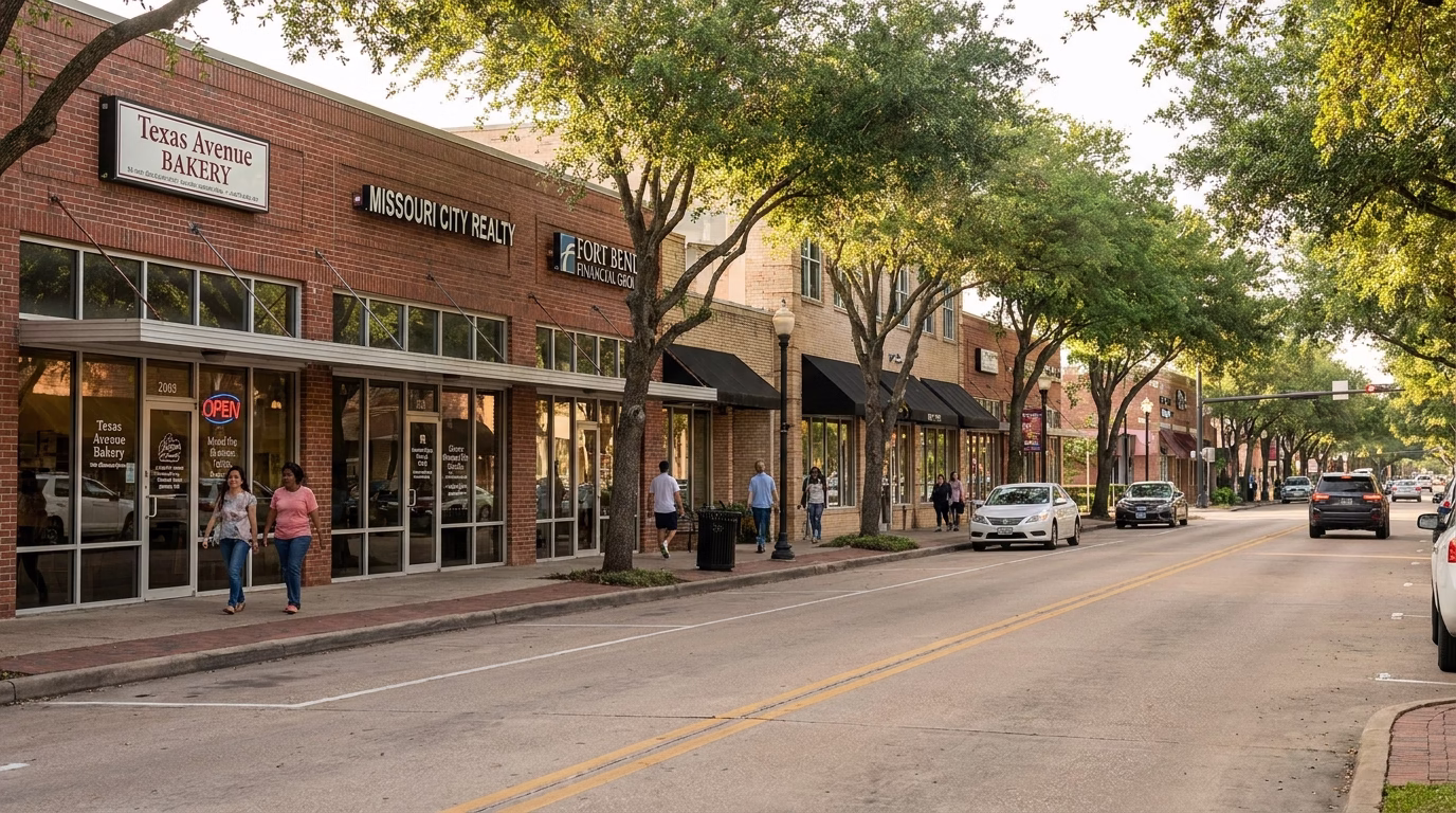 seo company missouri city tx 1 Missouri City TX business district street view showing local commerce