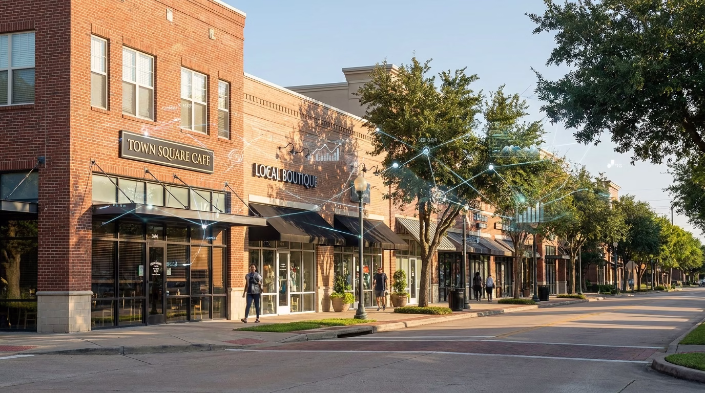 seo company missouri city tx 1 Missouri City TX business district with local storefronts and SEO concept overlay