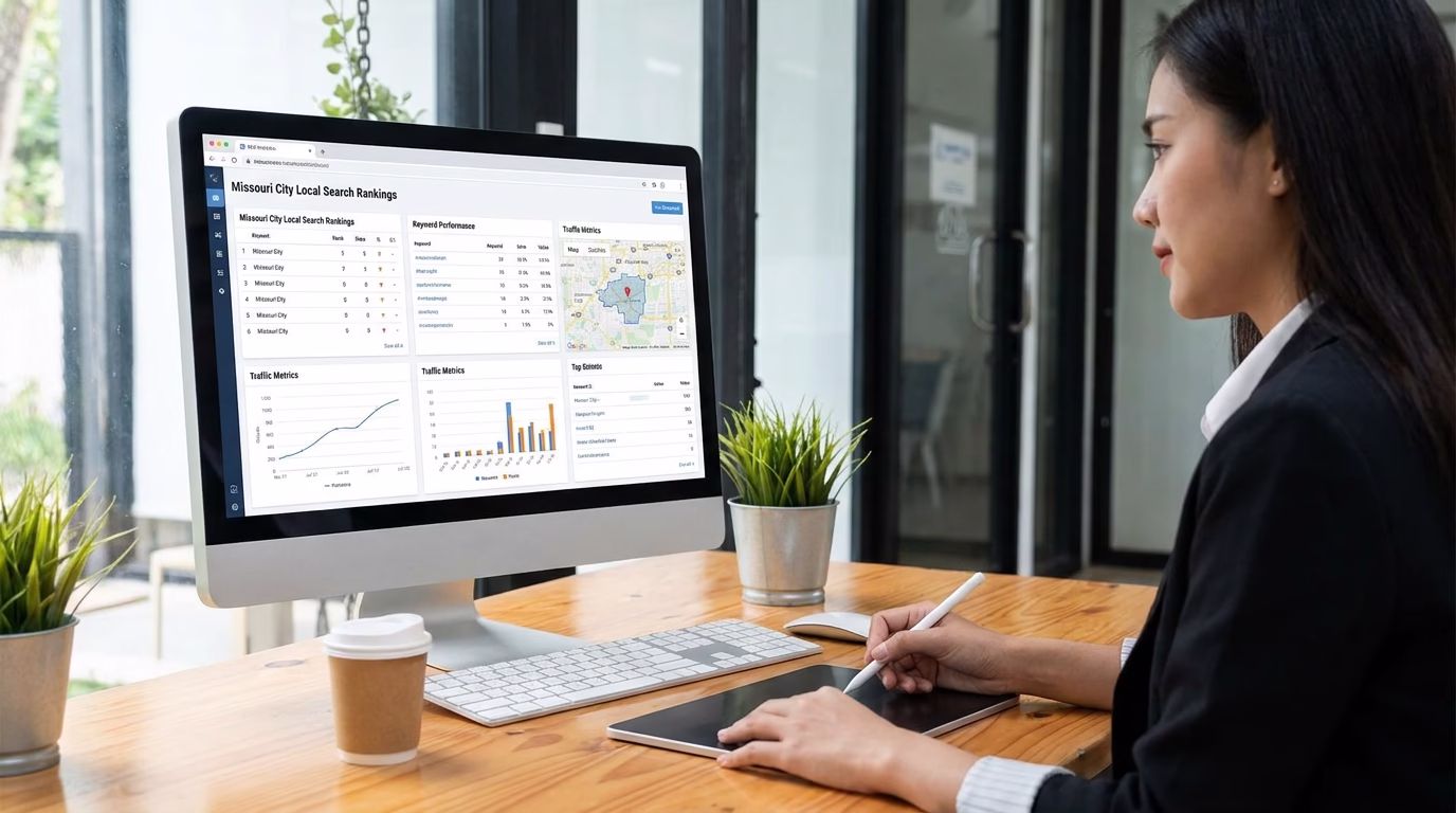 seo company missouri city tx 2 SEO analytics dashboard showing Missouri City local search rankings and traffic metrics
