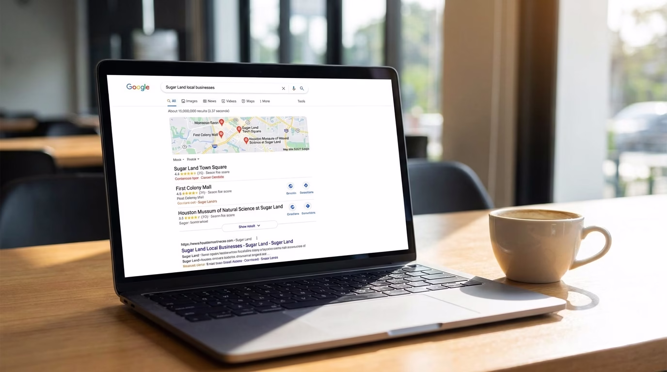seo company sugar land tx 2 Google search results page showing local business listings and map pack for Sugar Land