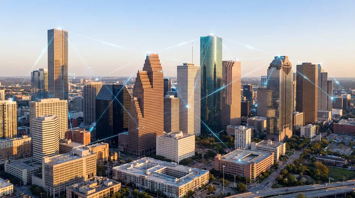 seo houston 1 Houston skyline with digital network overlay representing SEO connectivity
