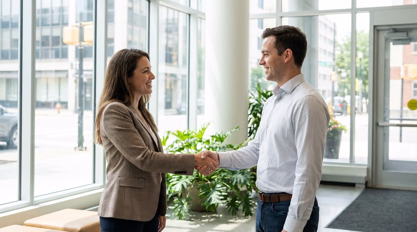 seo near me 1 Business owner shaking hands with local SEO consultant in modern office setting