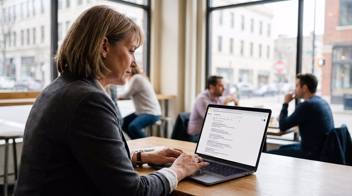 seo near me 1 business owner searching for local SEO services on laptop in coffee shop