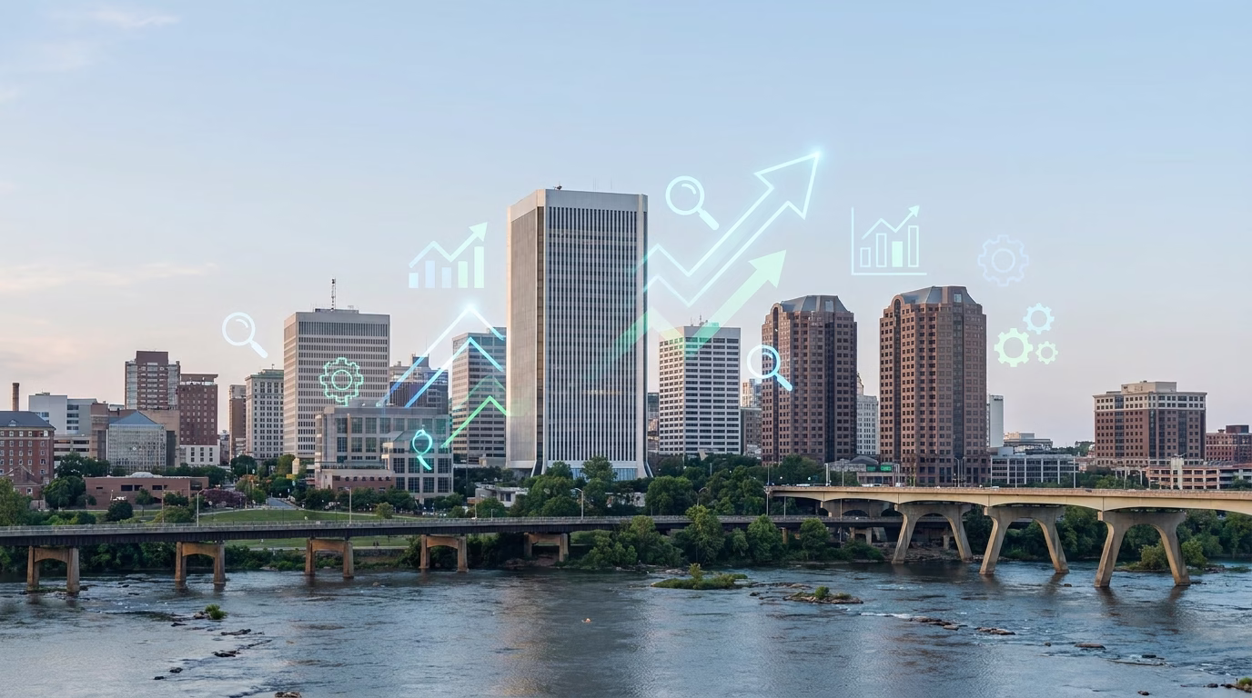 seo richmond 1 Richmond Virginia skyline with digital marketing icons overlay showing search rankings