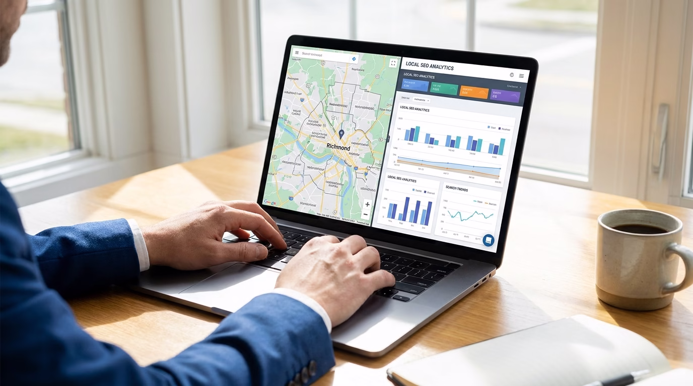 seo richmond 2 Person typing on laptop with Richmond neighborhood map and SEO analytics dashboard visible