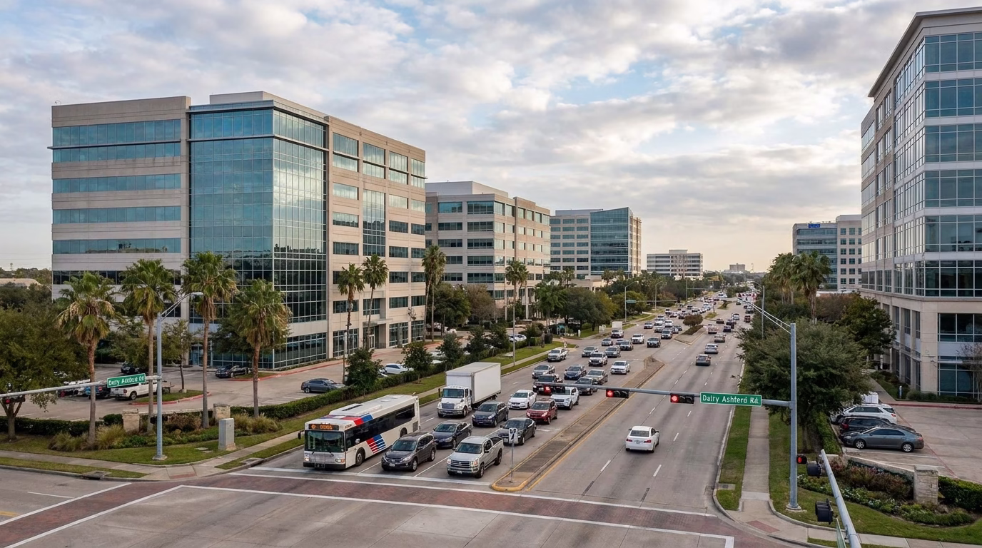 Houston SEO Services | Dairy Ashford Location | Actual SEO Media 1 Houston Dairy Ashford business district with office buildings and local traffic