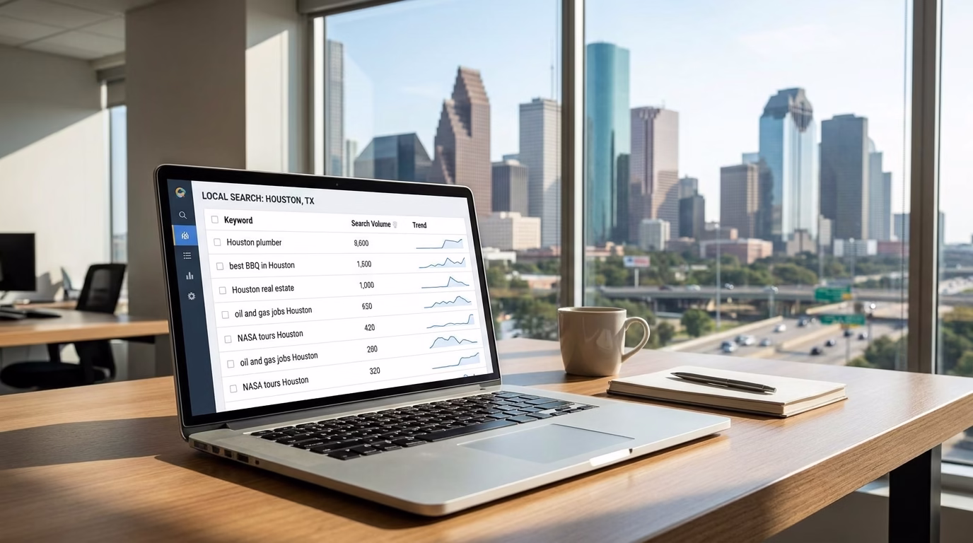 Houston SEO Services | Dairy Ashford Location | Actual SEO Media 2 Keyword research dashboard showing Houston local search terms and search volume data