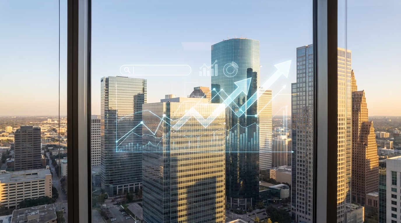 Houston skyline with digital marketing overlay showing search rankings