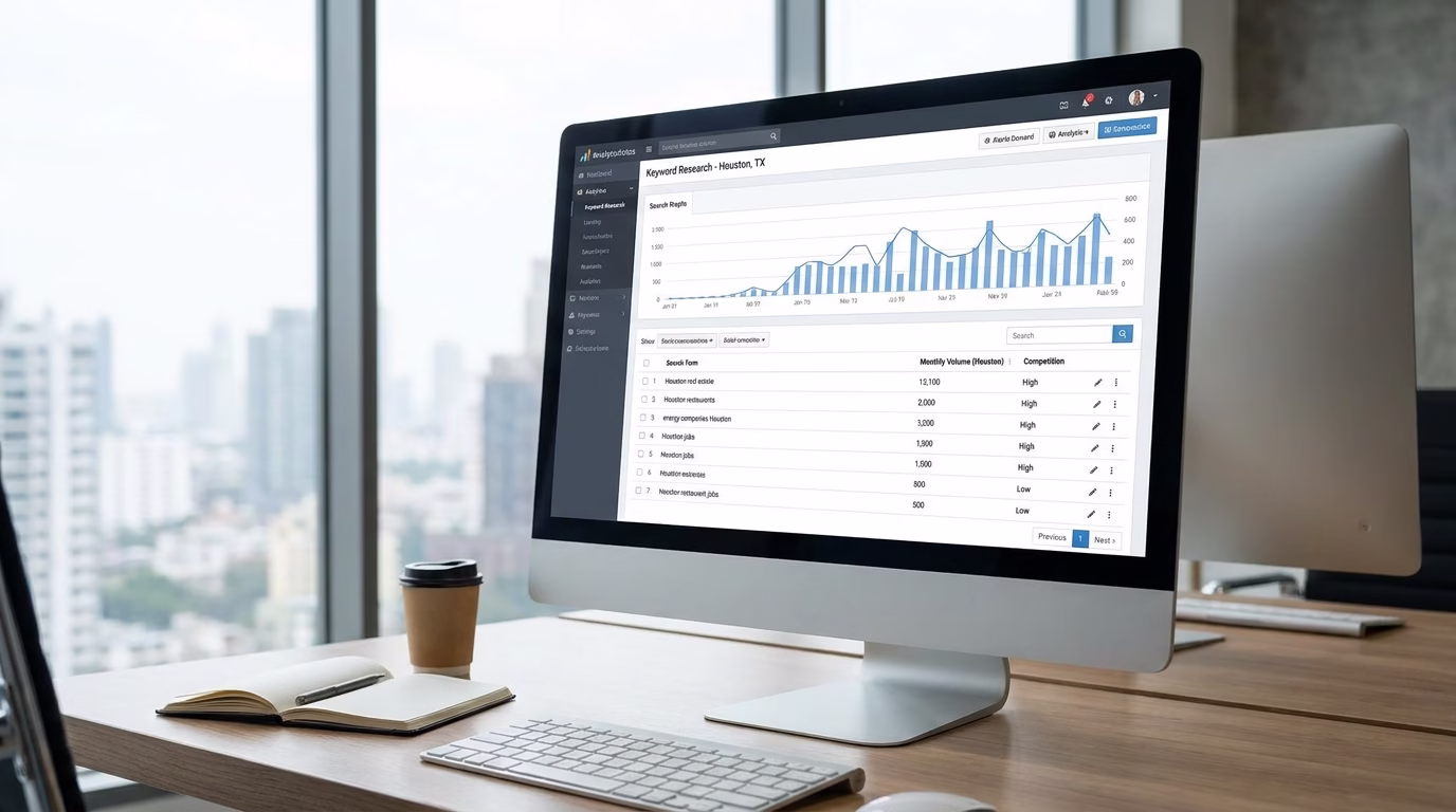 keyword research dashboard showing Houston-specific search volume data