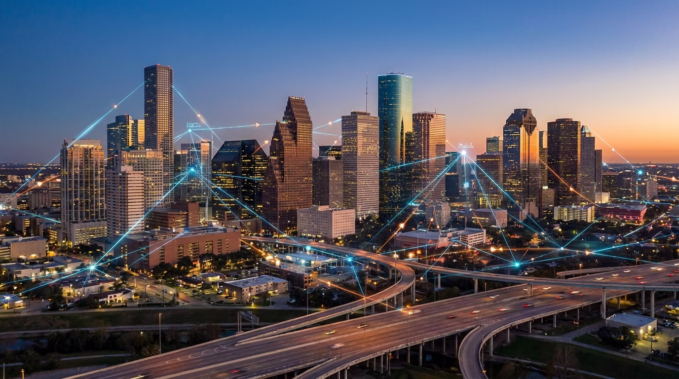 seo services houston tx 1 Houston skyline at dusk with digital network overlay representing local SEO connectivity