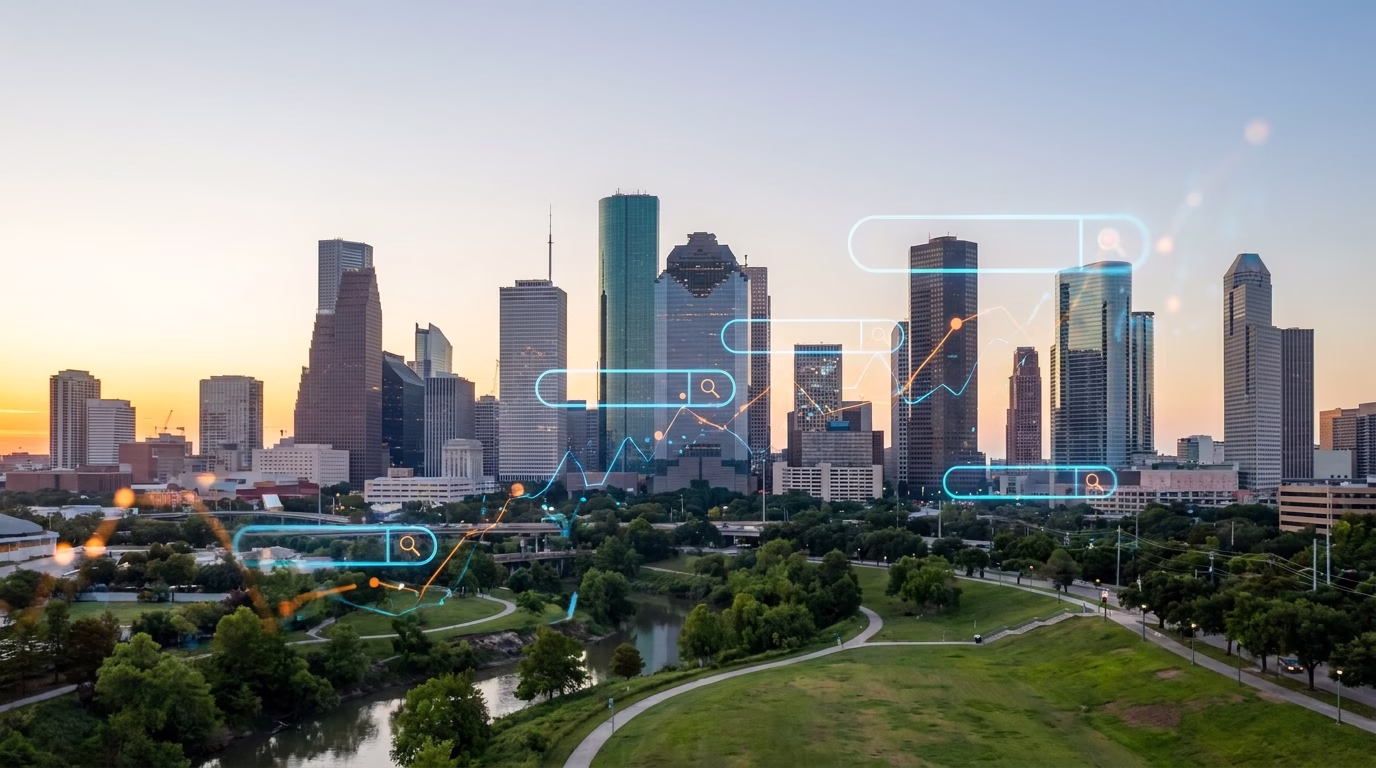 Houston downtown skyline with digital marketing overlay showing search rankings