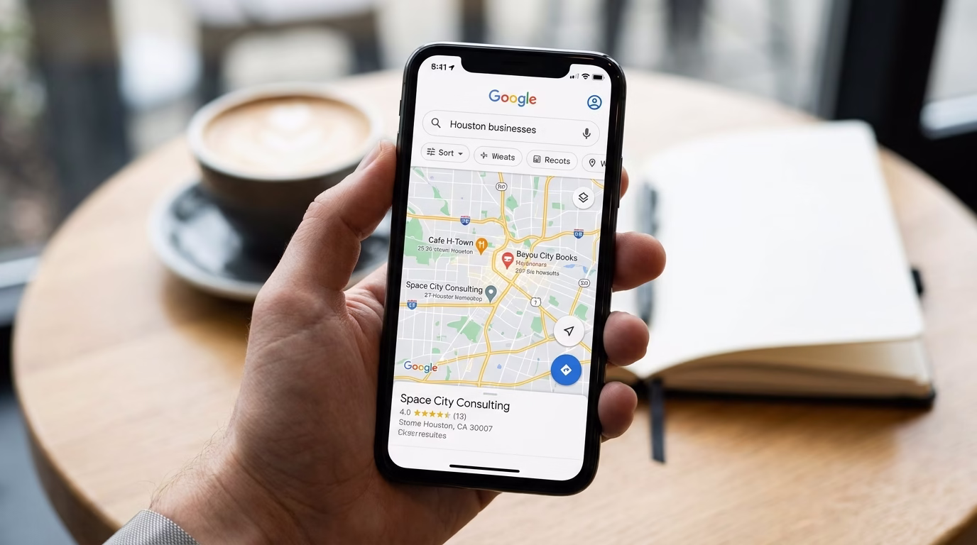 Mobile phone displaying local search results for Houston businesses