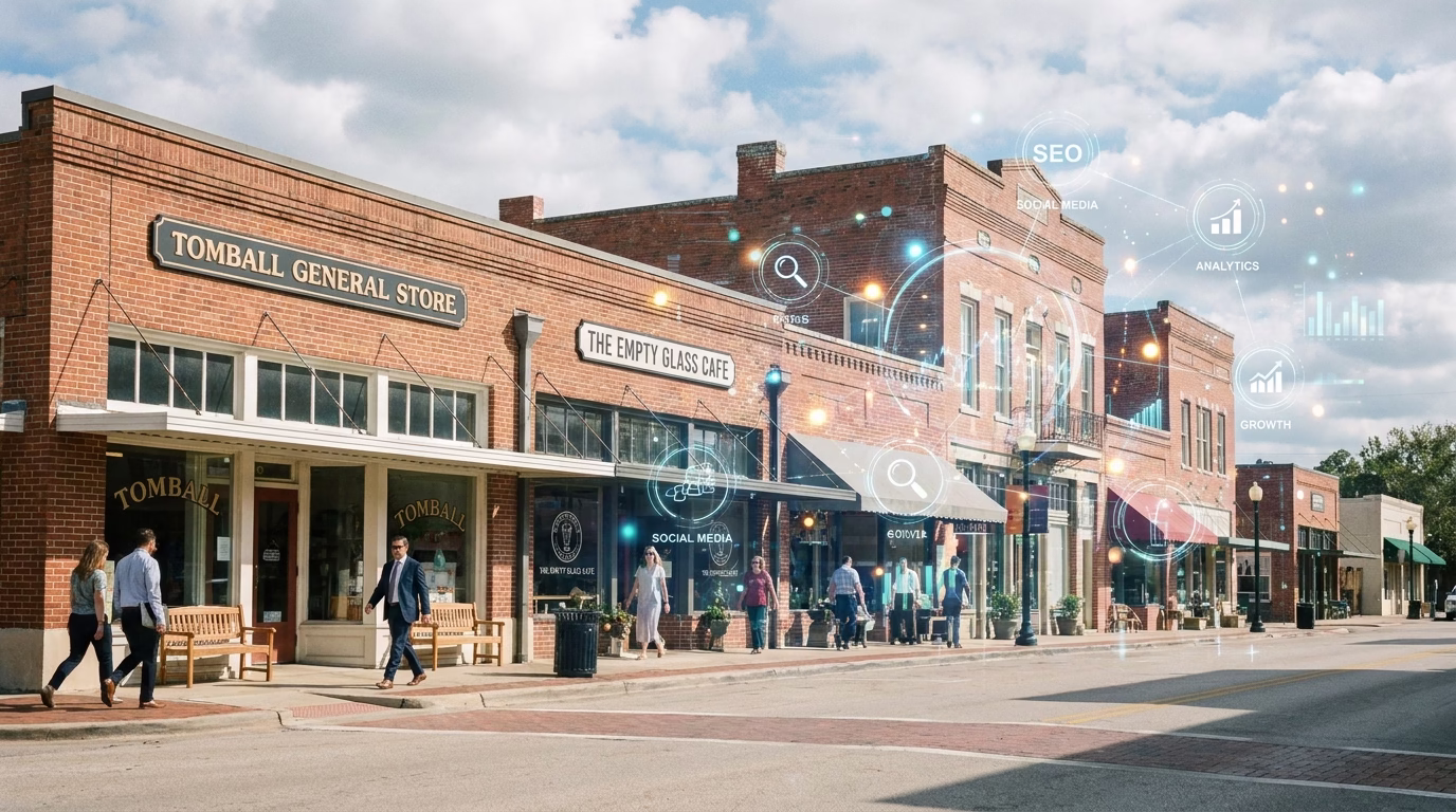 seo services tomball tx 1 Tomball Texas business district with local shops and digital marketing concept overlay