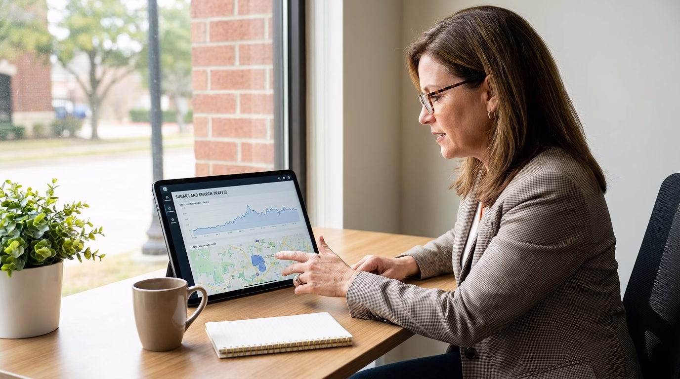 seo sugar land 2 Local business owner reviewing analytics dashboard showing Sugar Land search traffic