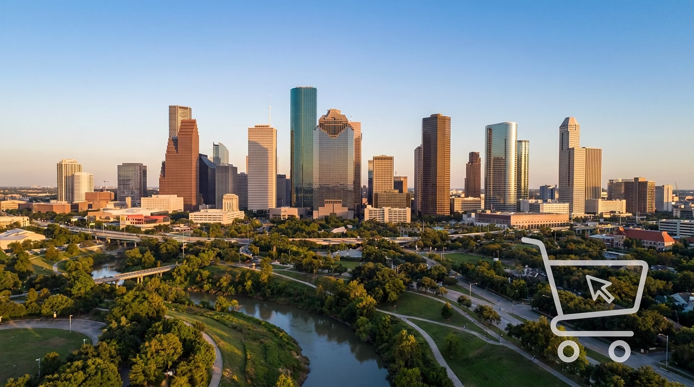 shopify seo houston 1 Houston skyline with shopping cart icon overlay representing local e-commerce