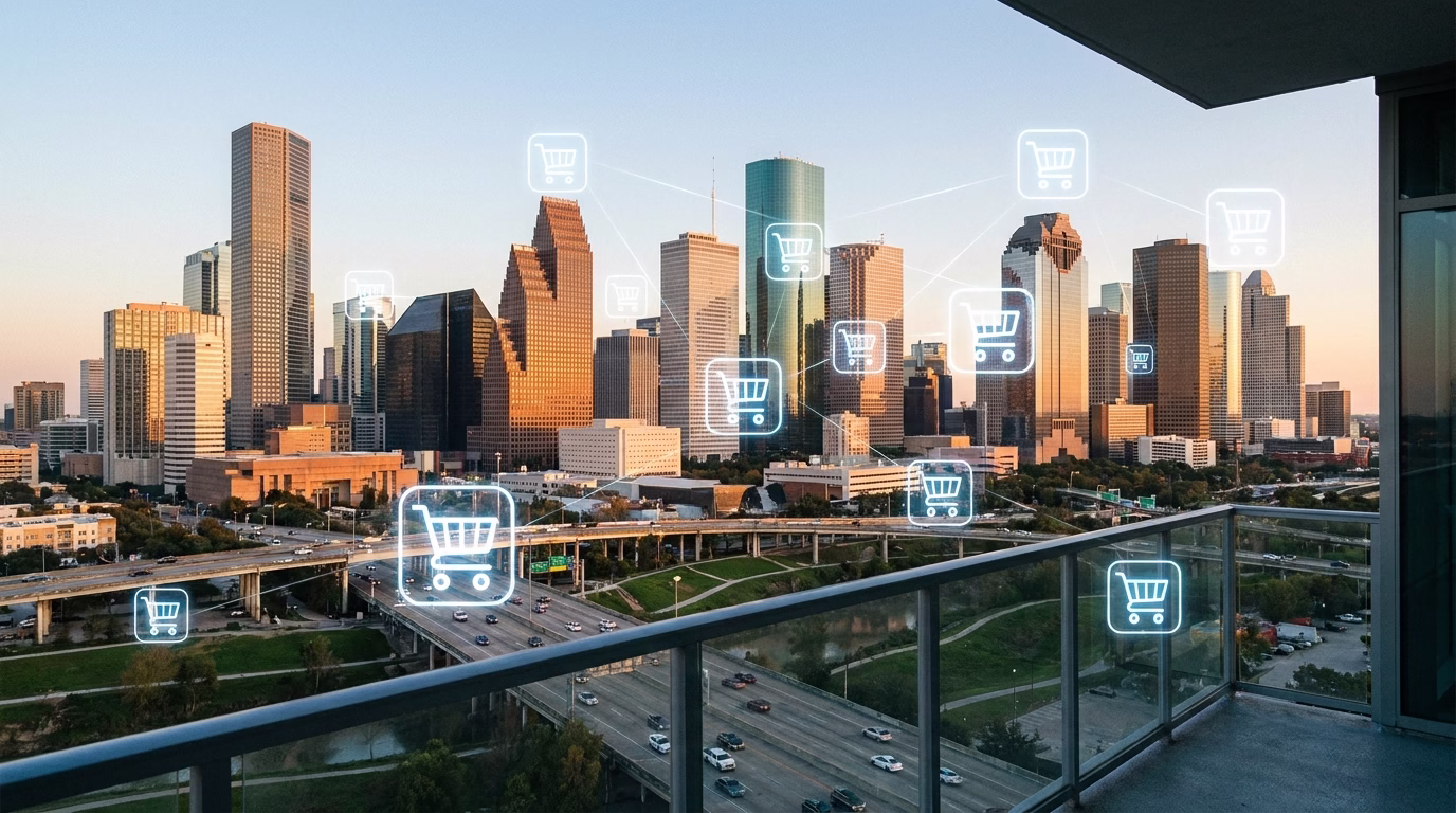 shopify seo houston 1 Houston skyline with e-commerce shopping cart icons overlaid