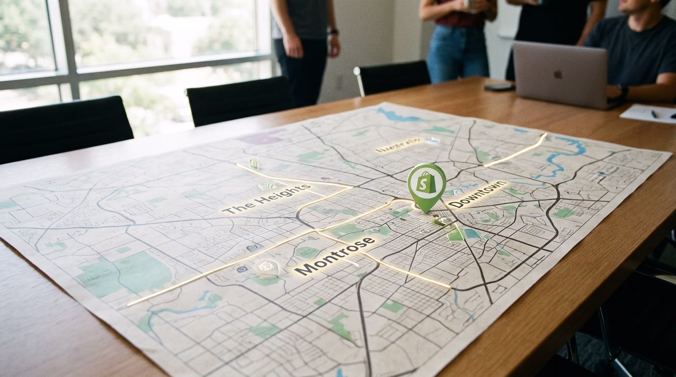 shopify seo houston 2 Map of Houston highlighting key neighborhoods and a Shopify store pin