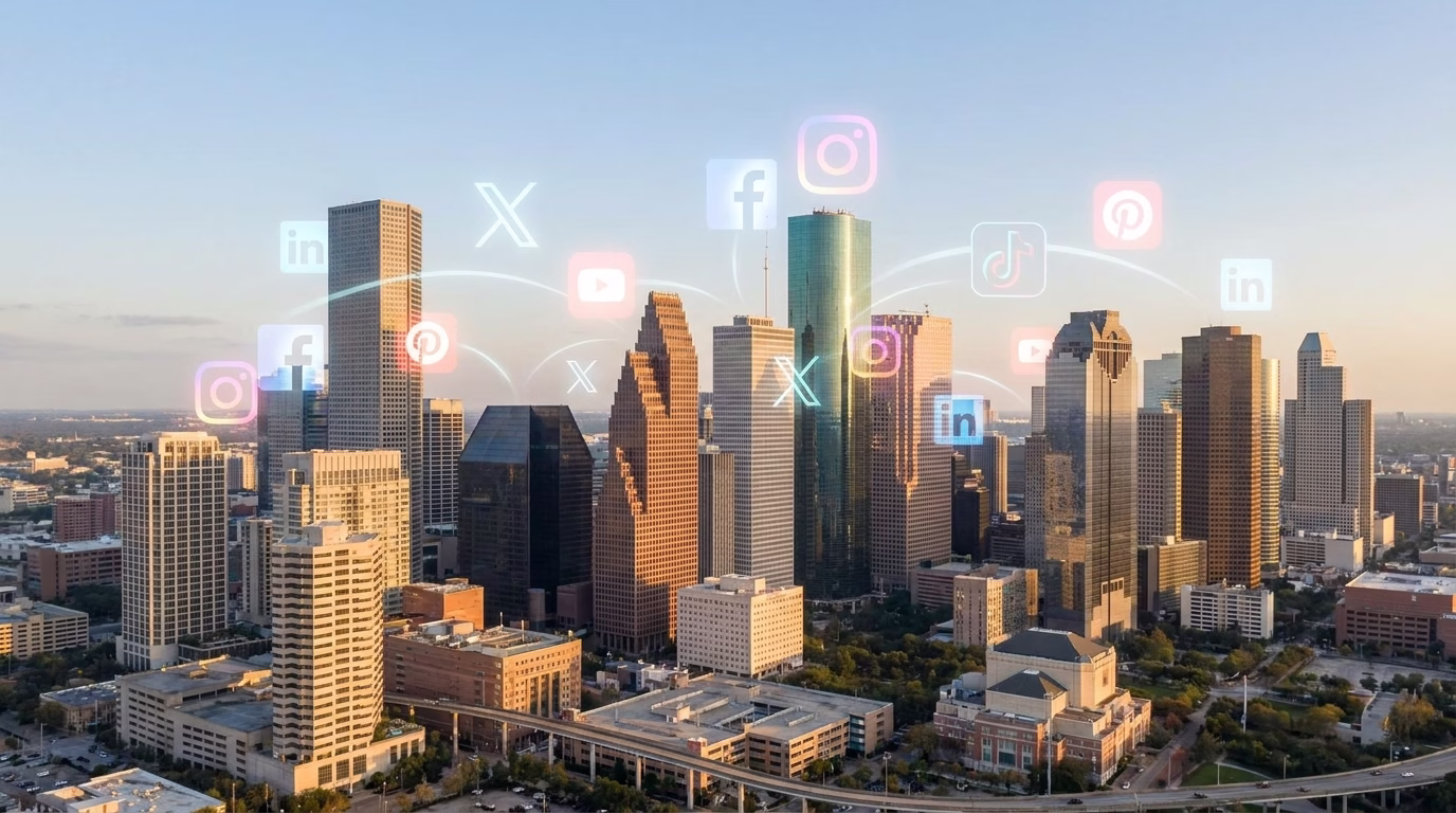 social media marketing houston 1 Houston skyline with social media icons overlayed representing diverse platforms