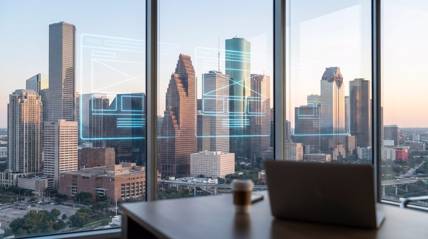 web design houston 1 Modern Houston skyline with digital overlay showing website wireframes
