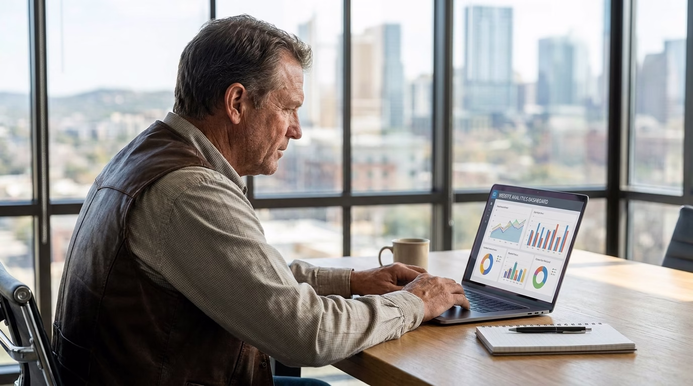 Texas business owner reviewing website analytics dashboard on laptop