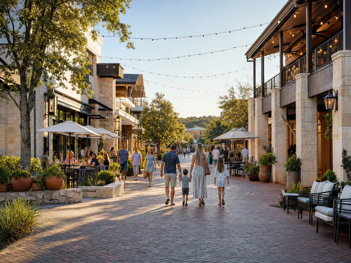 Upscale outdoor retail and dining plaza in the Katy, Texas area