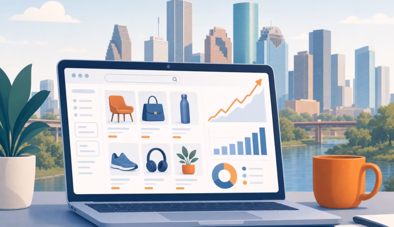 Online store product pages and a rising search traffic graph, illustrating WooCommerce SEO for Houston stores
